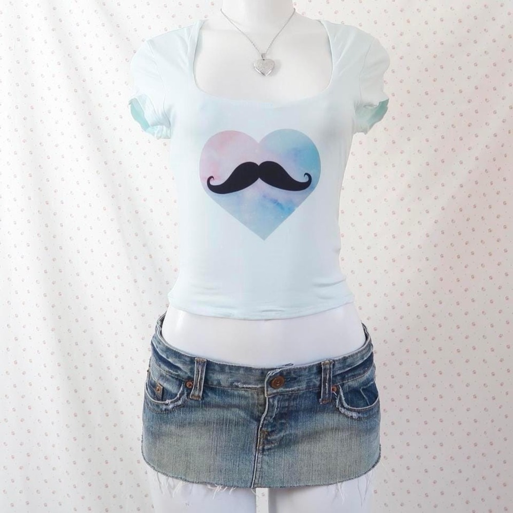 Y2K Light Blue Galaxy Heart Moustache Graphic Crop Top Small